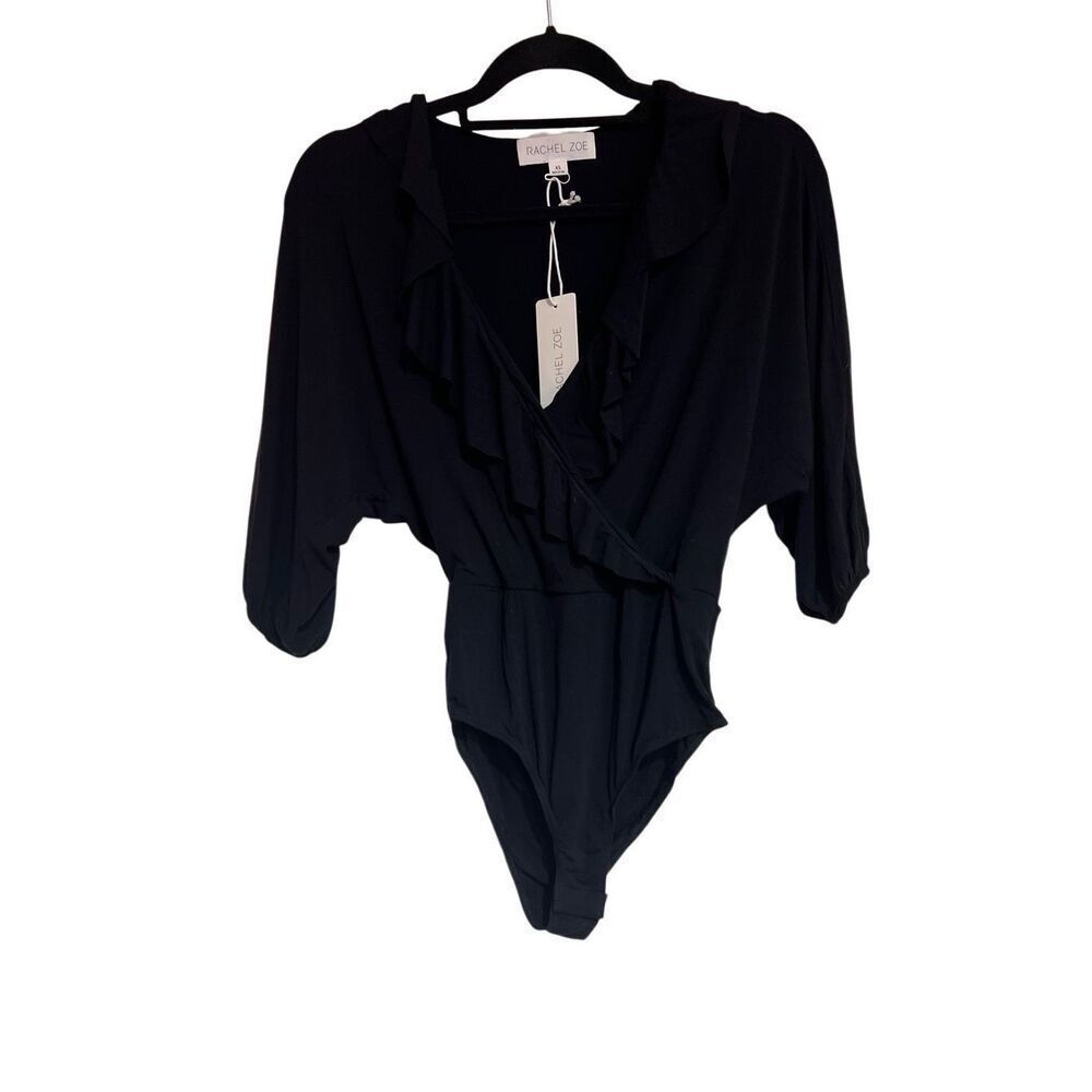 Rachel Zoe Bodysuit Womens Size XS Black‎ Ruffle Front Surplice NWT